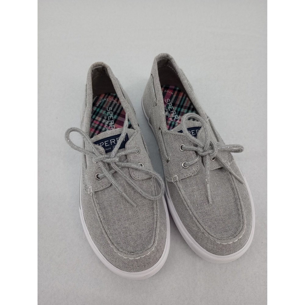 Sperry Boat Shoes Girls 3M Grey Silver Glitter Canvas Memory Foam - Picture 2 of 8